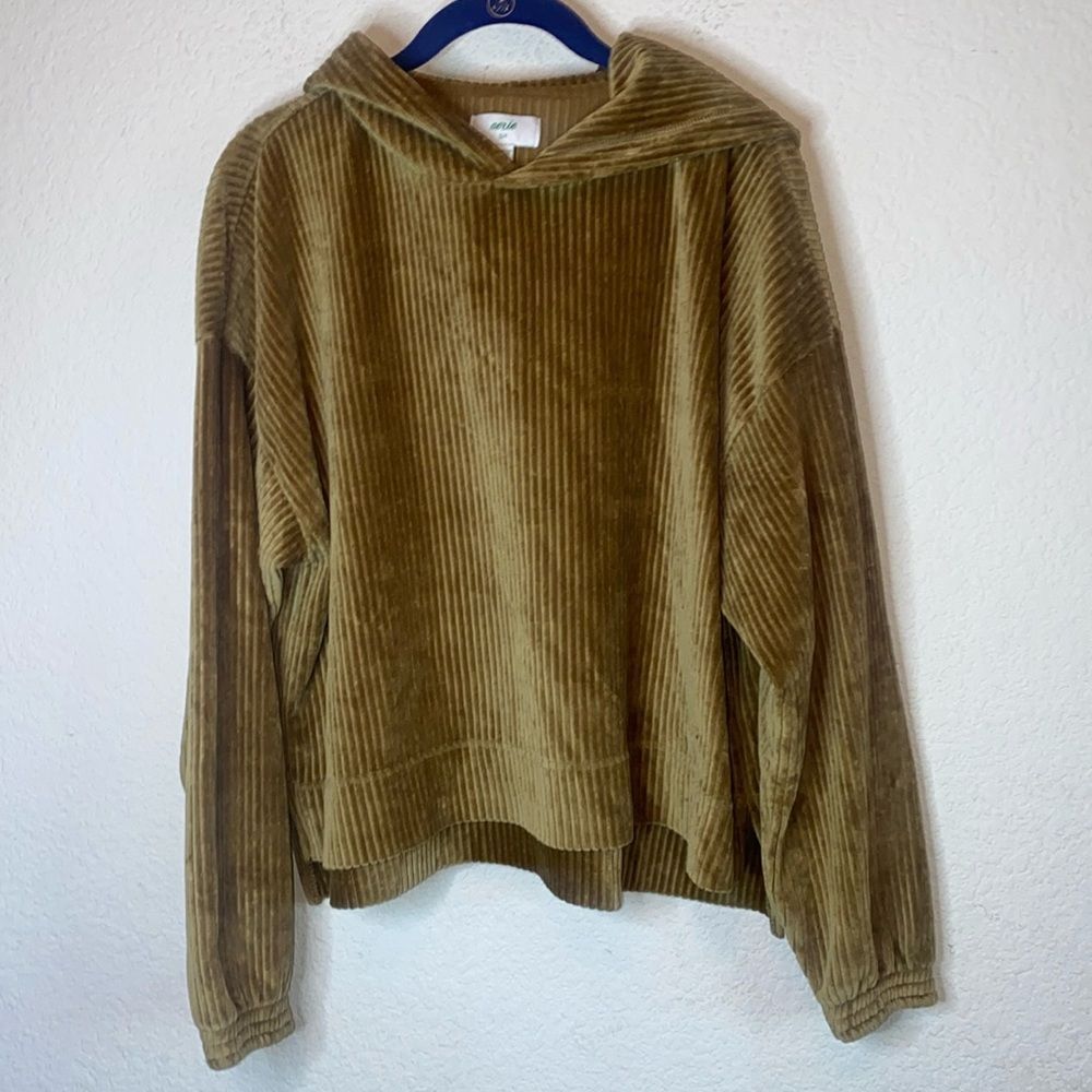 Aerie corduroy crop hoodie balloon sleeve sweater oversize SP high low wide